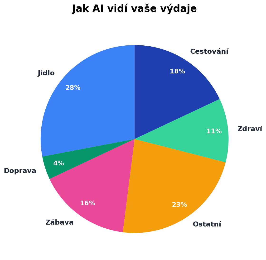 Koláčový graf kategorizace výdajů - Jídlo 28%, Doprava 4%, Zábava 16%, Ostatní 23%, Zdraví 11%, Cestování 18% - Jak AI vidí vaše výdaje